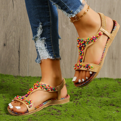 Fleur- Sandales à talons plats style bohème décontractées pour femmes