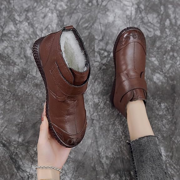 Bottines cuir en fourrure chaudes pour femmes couleur Marron