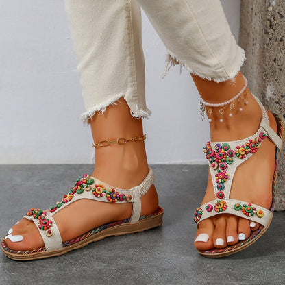 Fleur- Sandales à talons plats style bohème décontractées pour femmes
