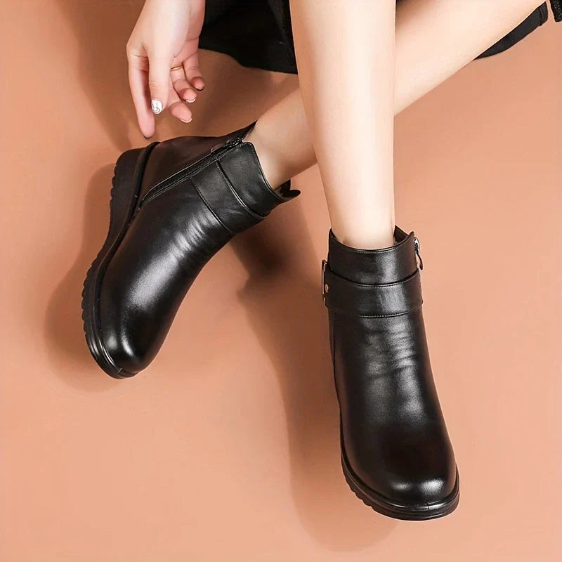 Rosette- Bottines en Cuir avec fourrure chaudes pour femmes